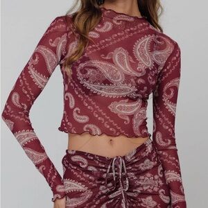 RESA Paisley Mock Neck Mesh Crop Top in Burgundy and Cream